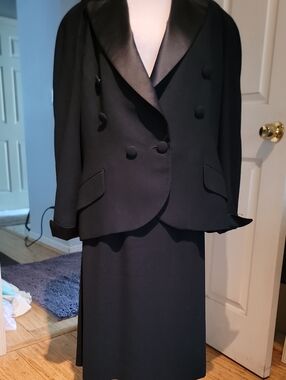 Christian Diori Black Satin Lapel Double-Breasted Vintage Skirt Suit 1989-1990
